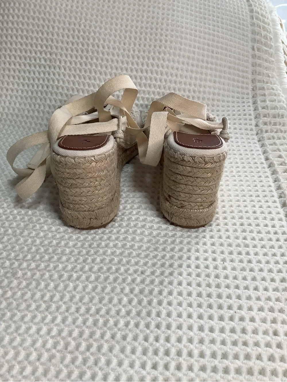 Polo Ralph Lauren Canvas Lace Up Espadrille Wedge Sandals Womens Size 7B Ivory